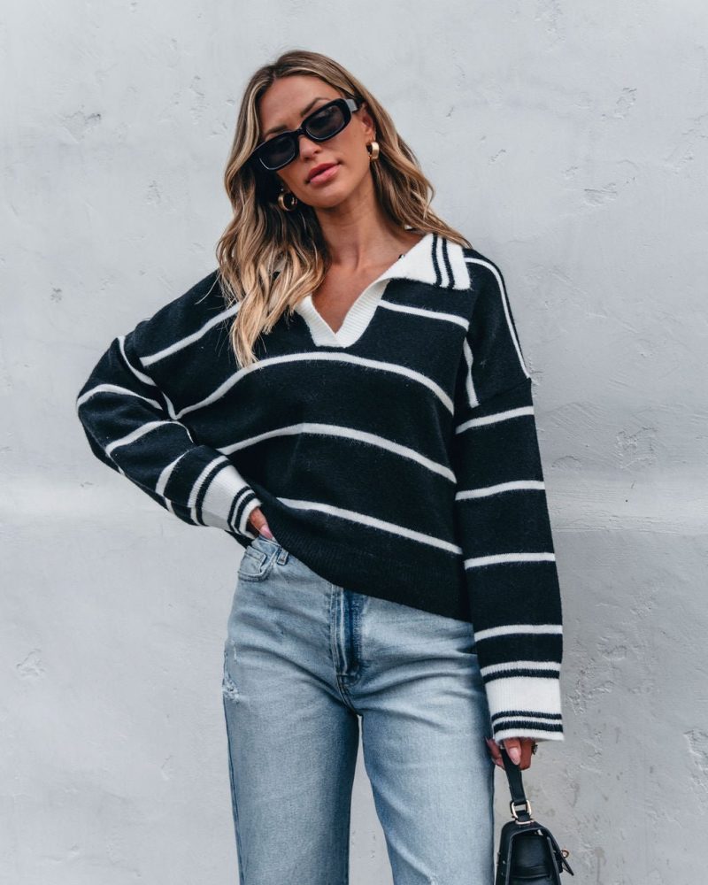 black and white stripe collared sweater 795595