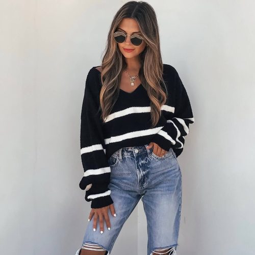 black and white striped v neck sweater 344001