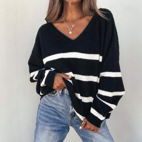 black and white striped v neck sweater 473608