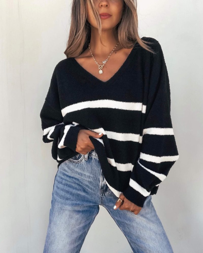 black and white striped v neck sweater 473608