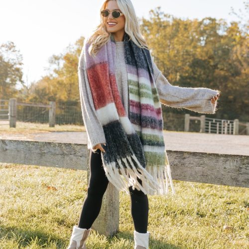 black brushed multi stripe fringe scarf 142231