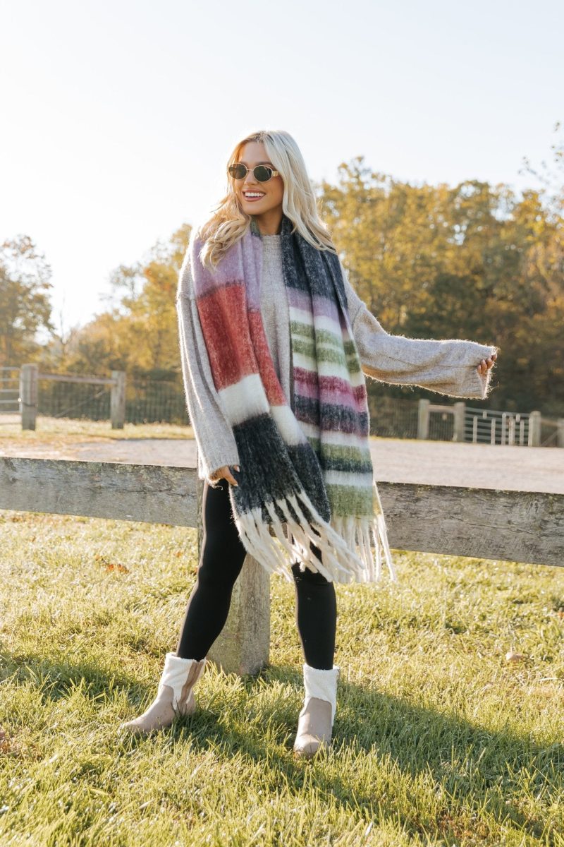 black brushed multi stripe fringe scarf 142231