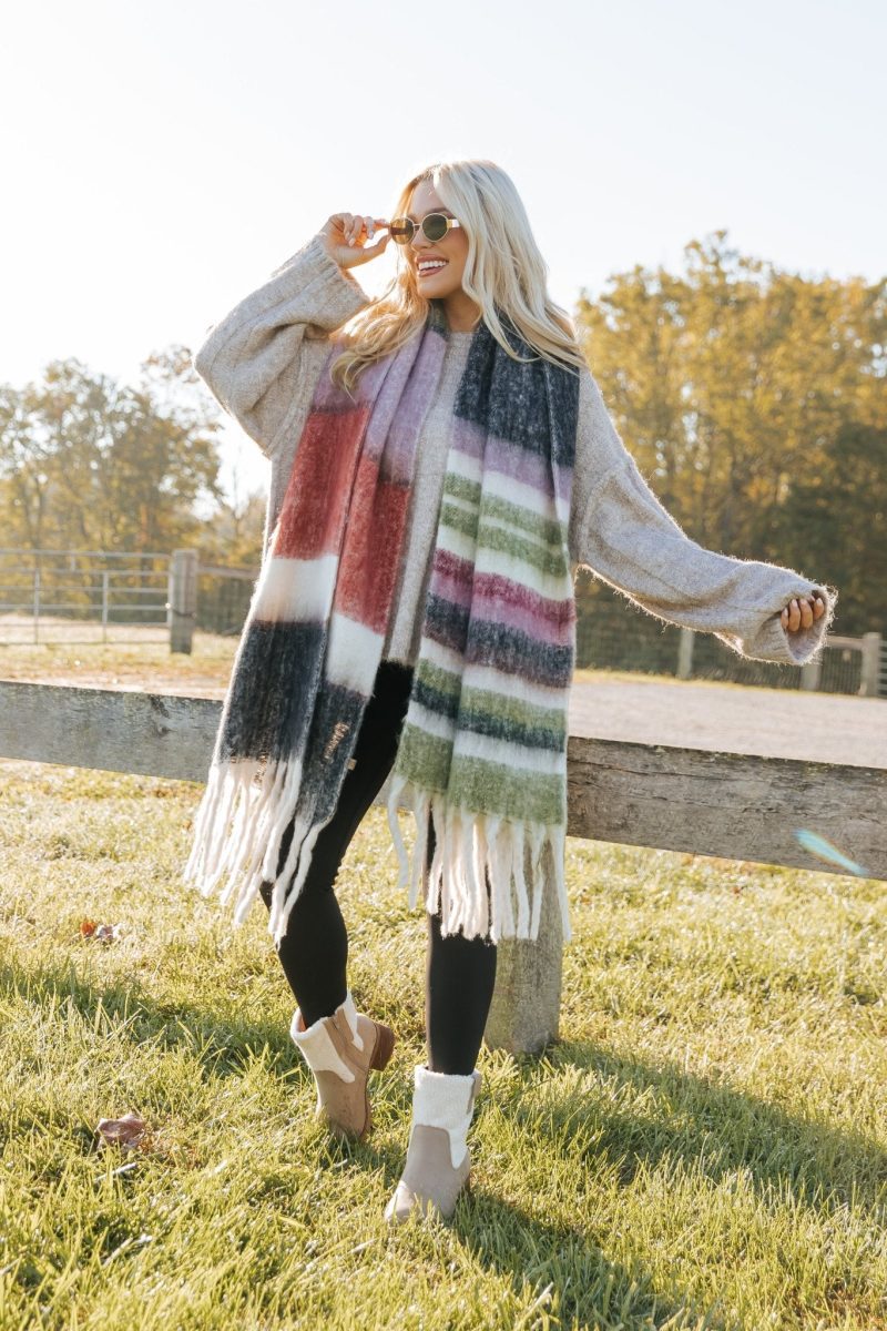 black brushed multi stripe fringe scarf 155031