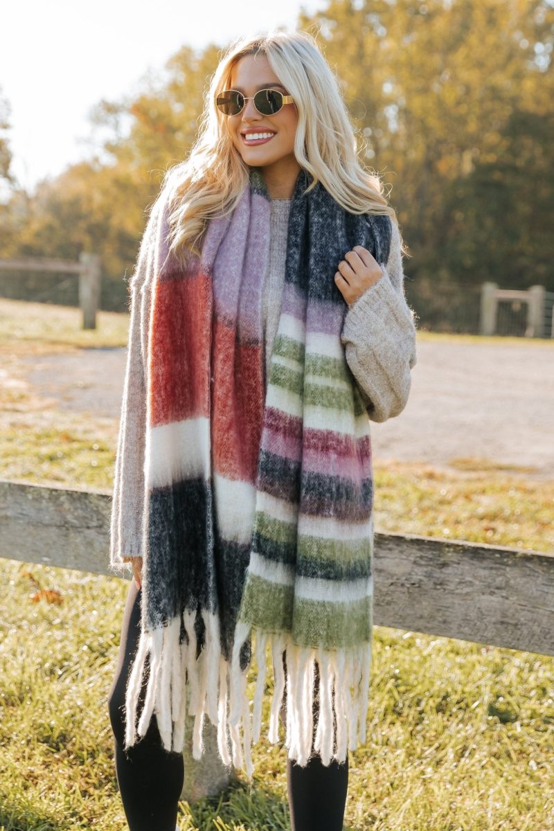 black brushed multi stripe fringe scarf 839154