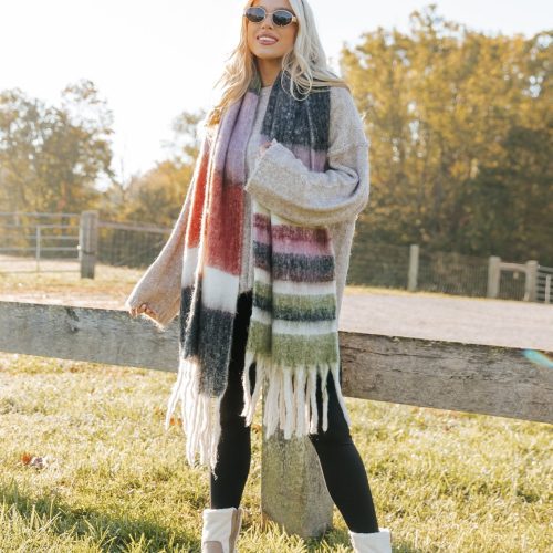 black brushed multi stripe fringe scarf 861105