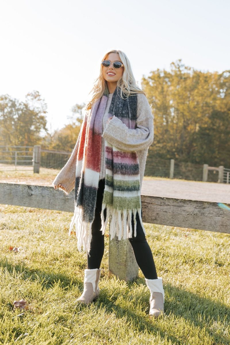 black brushed multi stripe fringe scarf 861105