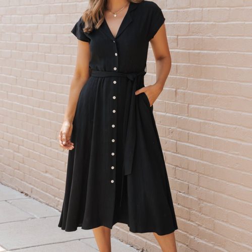 black button down tie midi dress 104624