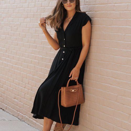 black button down tie midi dress 117436