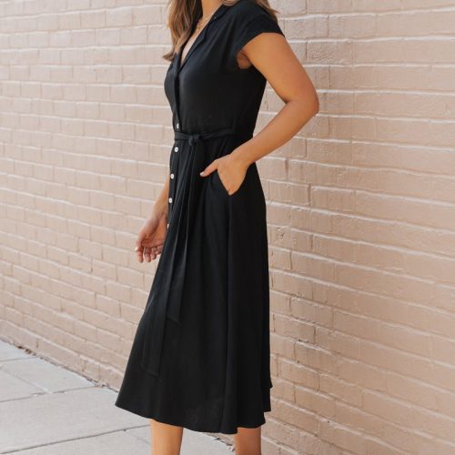 black button down tie midi dress 251953