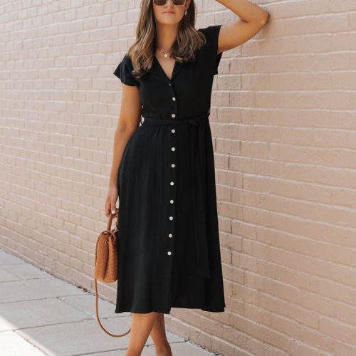 black button down tie midi dress 863659