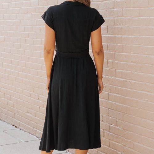 black button down tie midi dress 875421