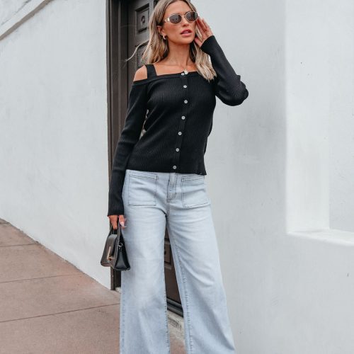 black cold shoulder button up sweater 232431