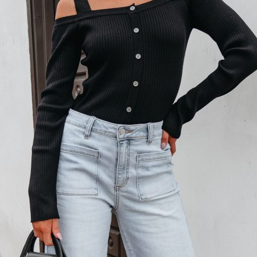 black cold shoulder button up sweater 530886