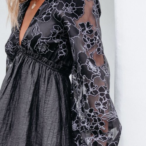 black floral sheer sleeve textured mini dress 153264