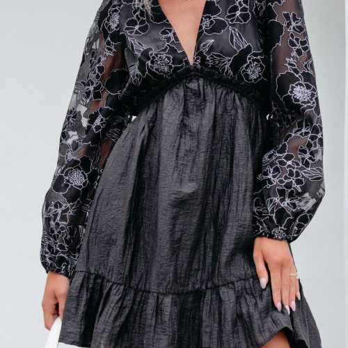 black floral sheer sleeve textured mini dress 230404