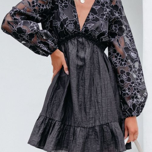 black floral sheer sleeve textured mini dress 278747