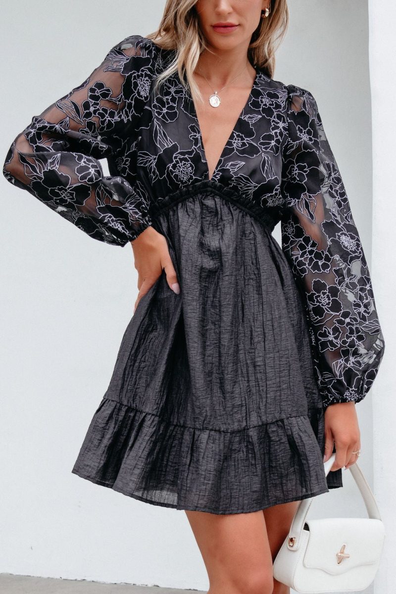 black floral sheer sleeve textured mini dress 278747