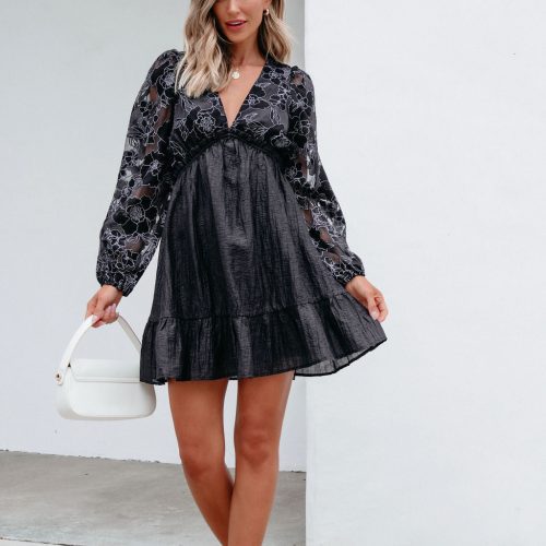 black floral sheer sleeve textured mini dress 386318