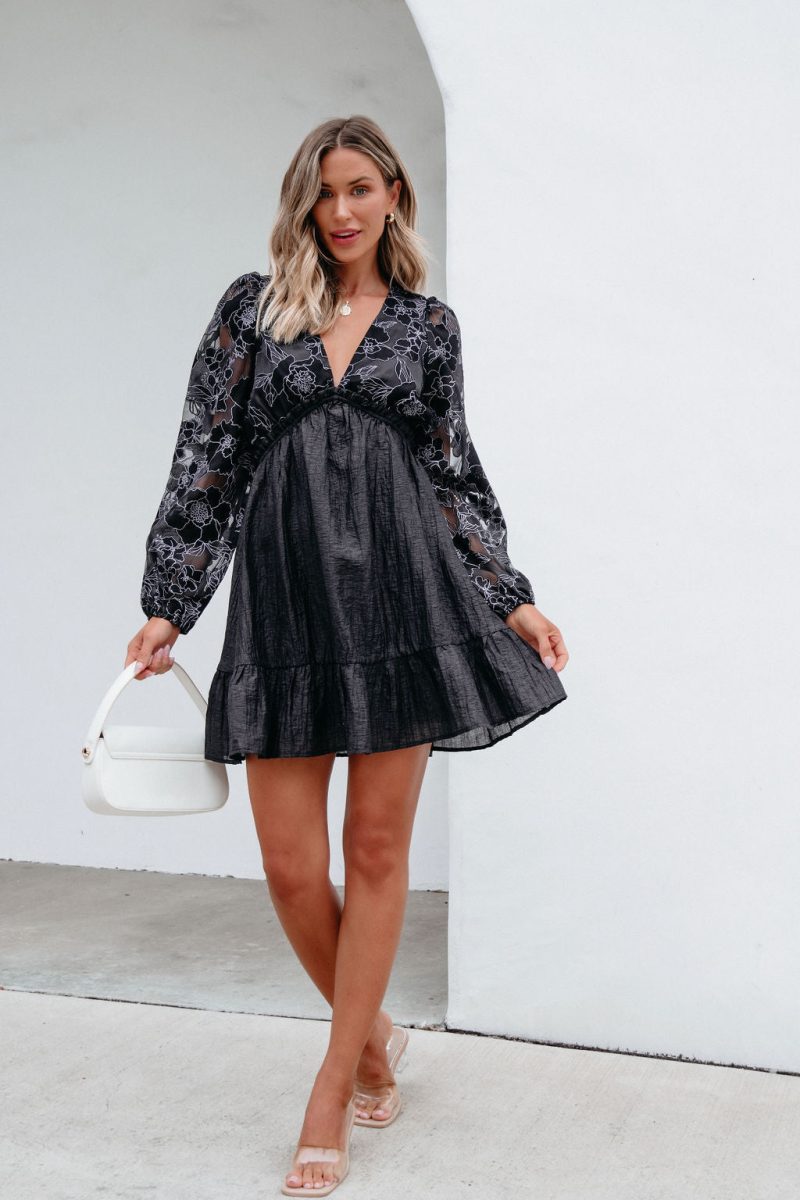 black floral sheer sleeve textured mini dress 386318