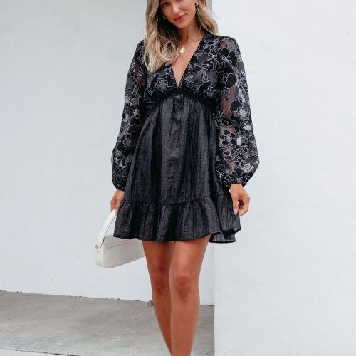 black floral sheer sleeve textured mini dress 477206