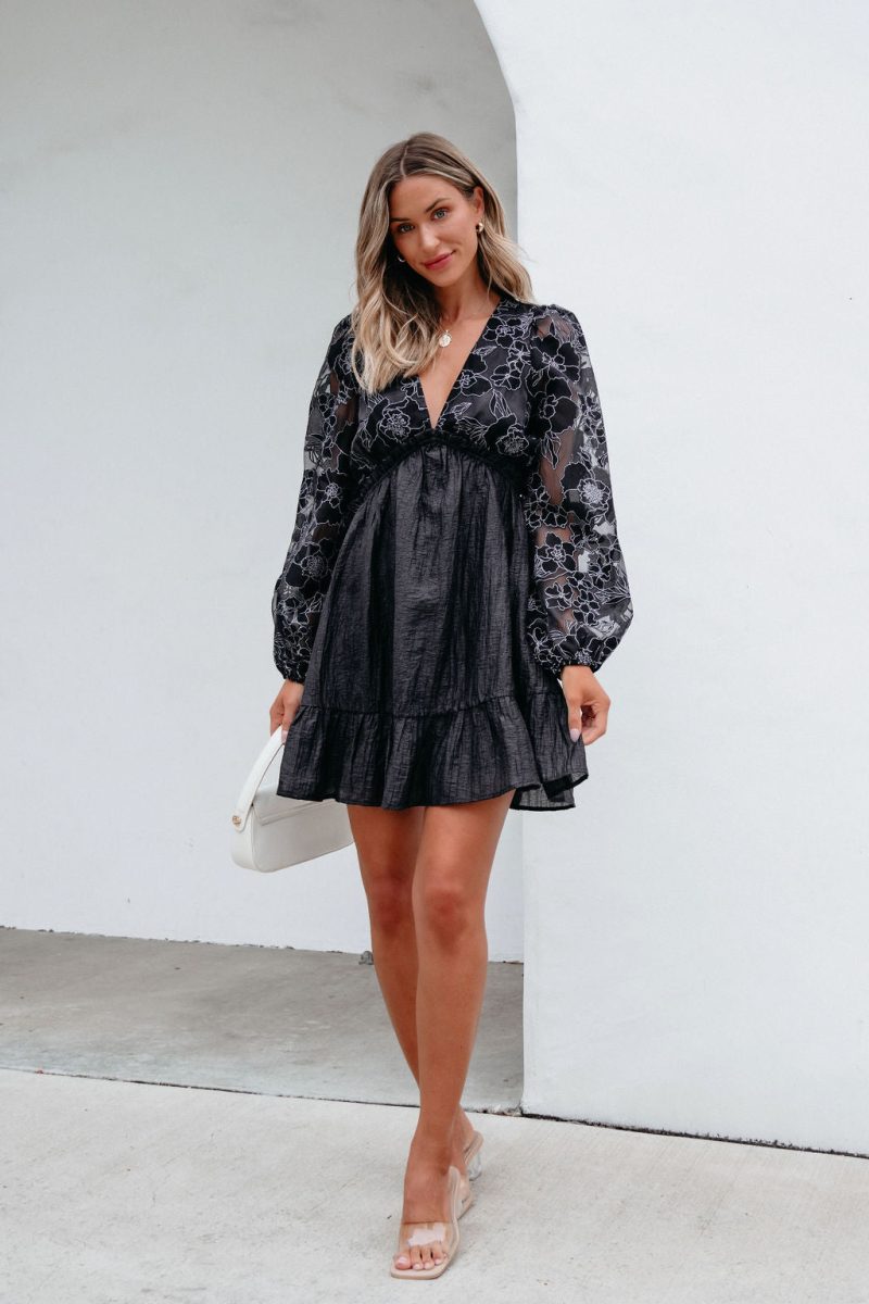 black floral sheer sleeve textured mini dress 477206