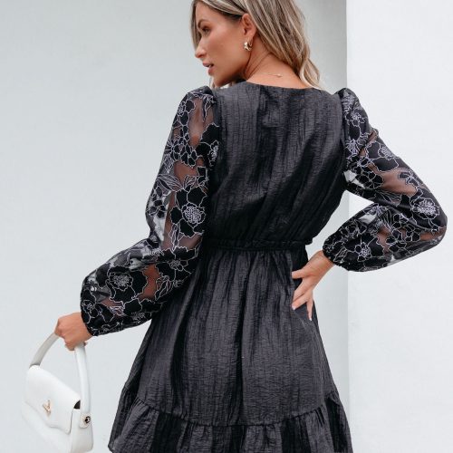 black floral sheer sleeve textured mini dress 743212