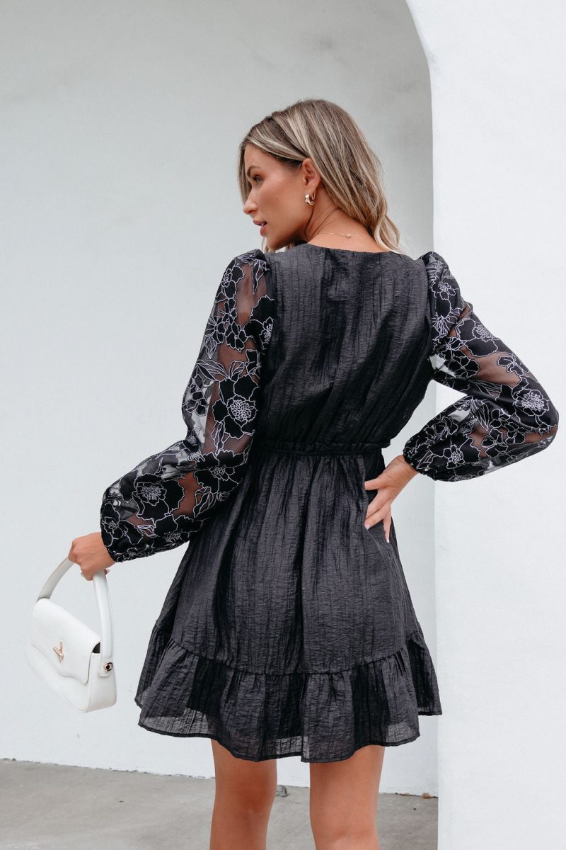 black floral sheer sleeve textured mini dress 743212