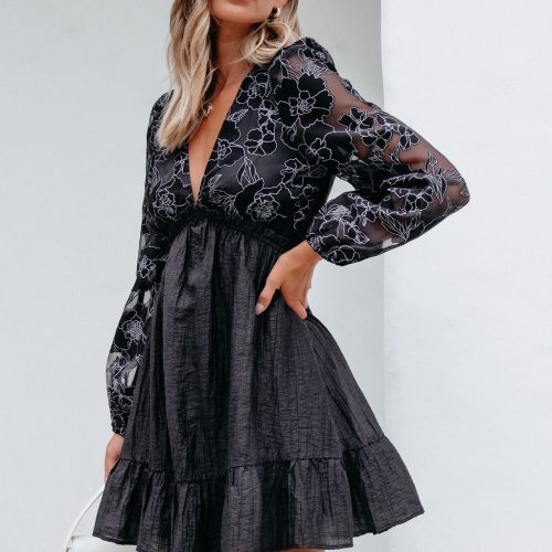 black floral sheer sleeve textured mini dress 872994