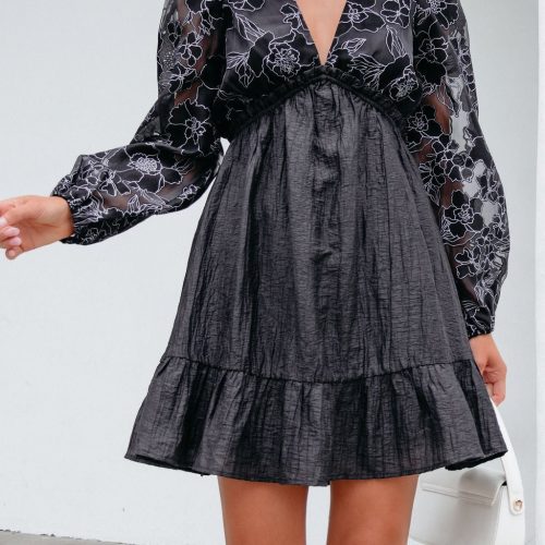 black floral sheer sleeve textured mini dress 878898