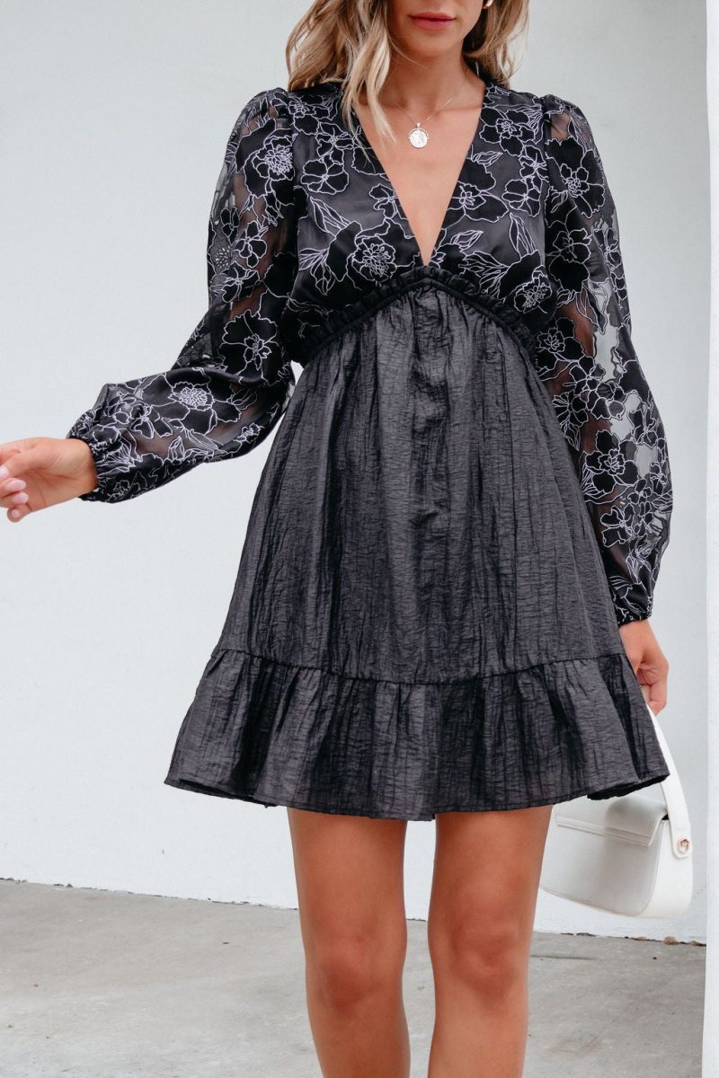 black floral sheer sleeve textured mini dress 878898