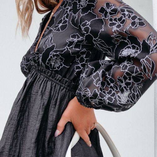 black floral sheer sleeve textured mini dress 895105