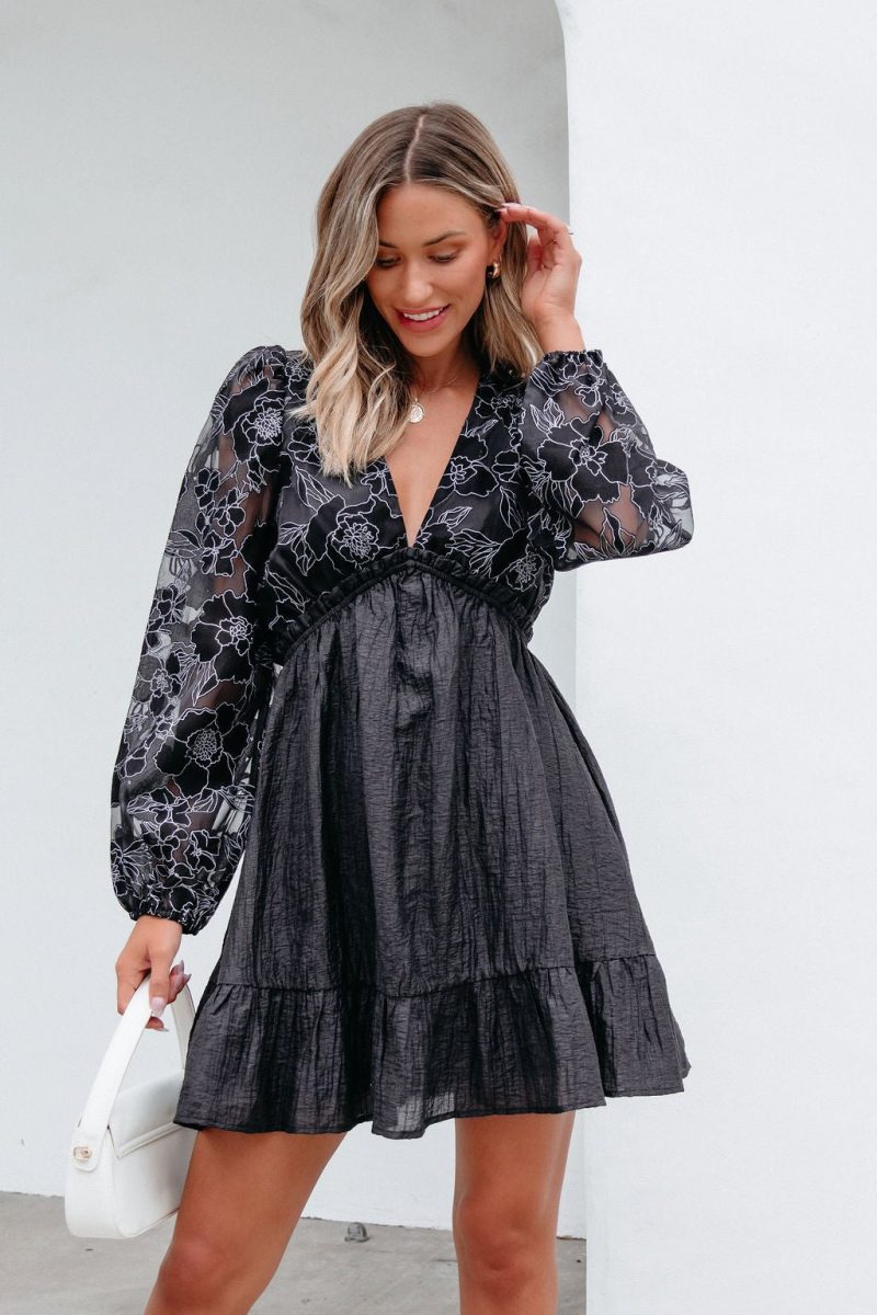 black floral sheer sleeve textured mini dress 939046