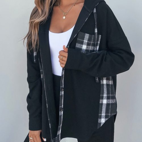 black plaid flannel hooded shacket 432269