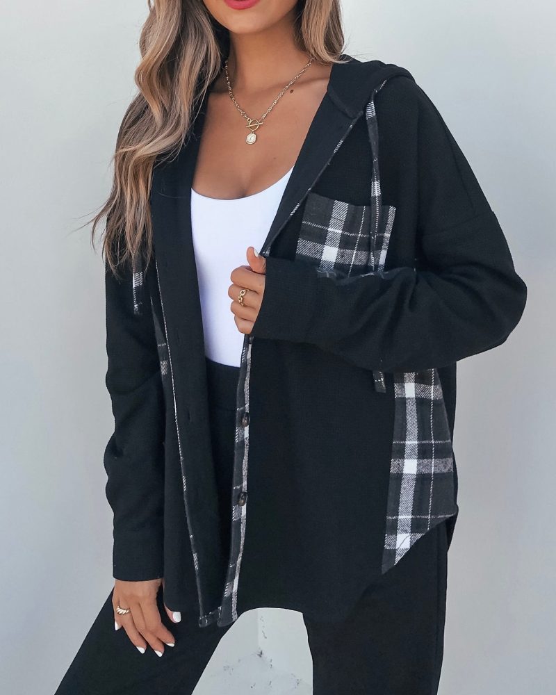 black plaid flannel hooded shacket 432269