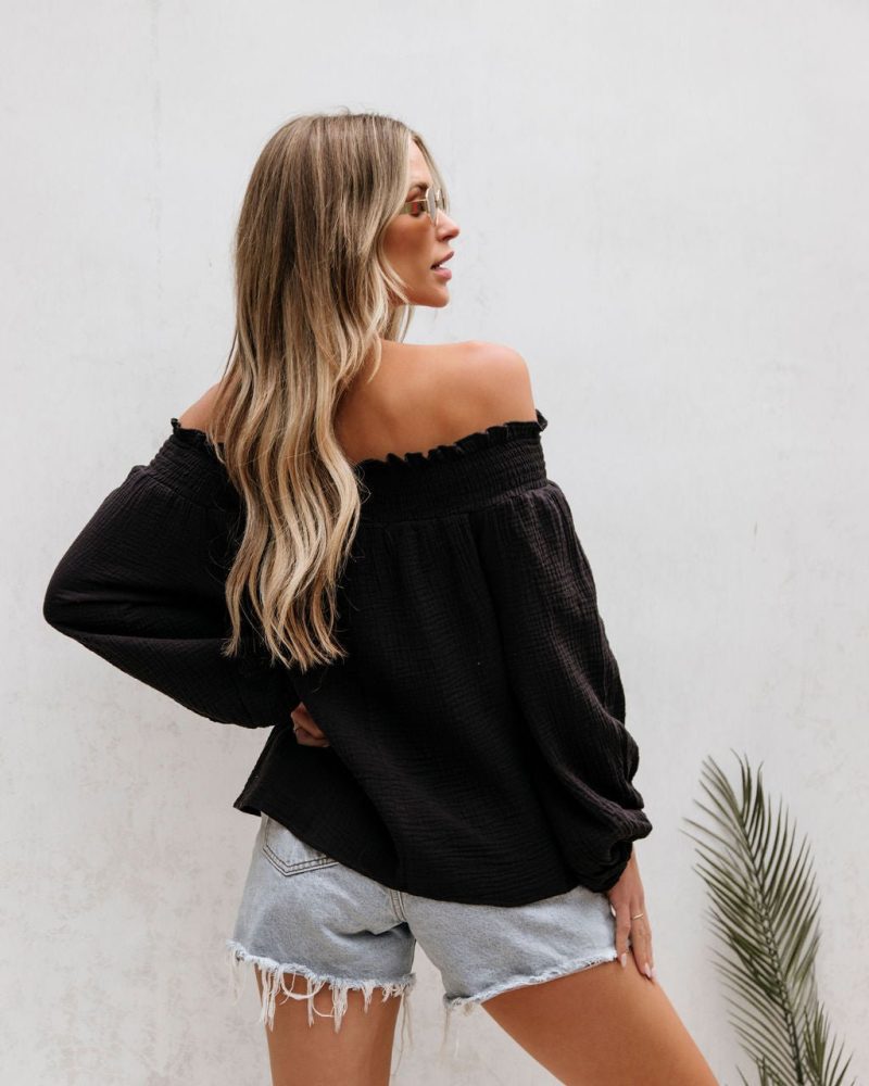 black ruffled off the shoulder top pre order 351976