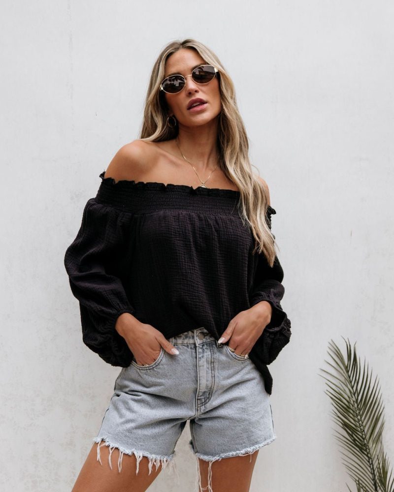 black ruffled off the shoulder top pre order 706278