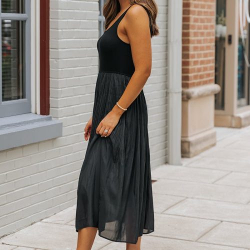 black scoop neck pleated tank midi dress 165425