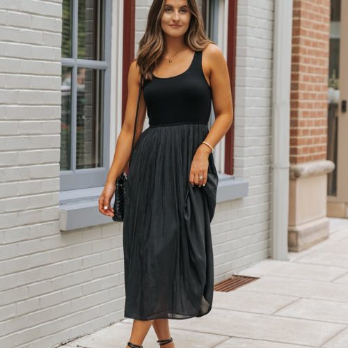 black scoop neck pleated tank midi dress 181691