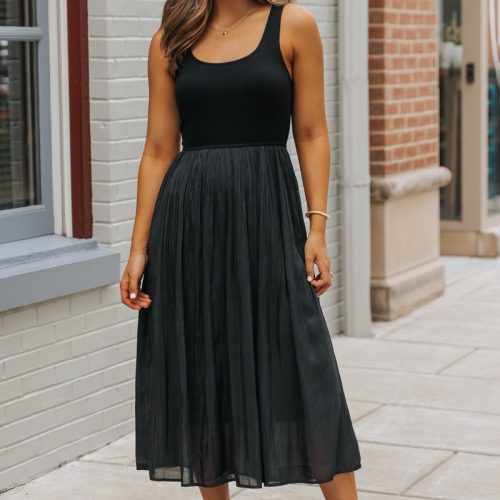 black scoop neck pleated tank midi dress 524868