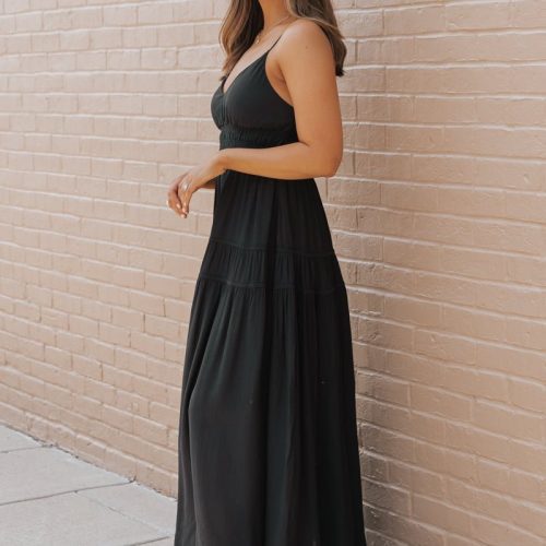 black shirred waist tiered maxi dress 461420