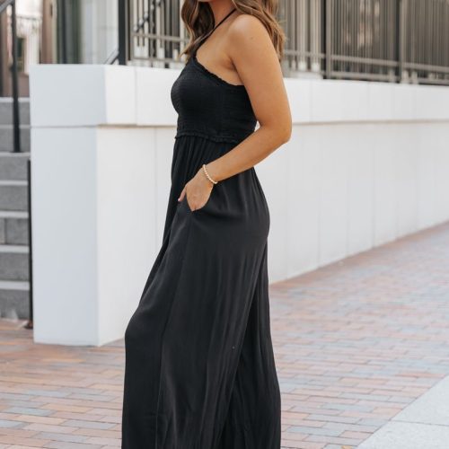 black smocked halter wide leg jumpsuit 515009