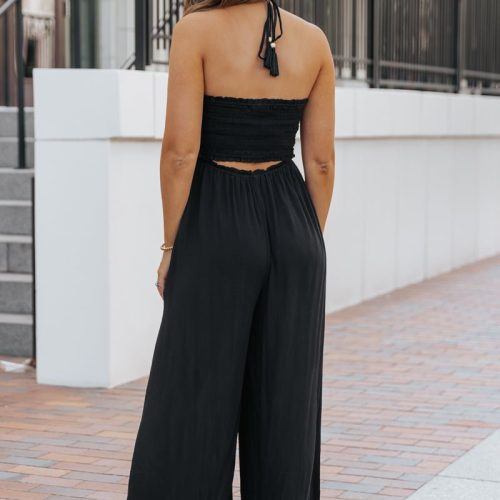 black smocked halter wide leg jumpsuit 959458