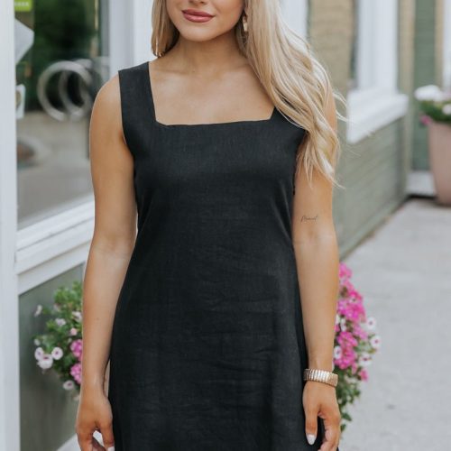 black square neck linen mini dress 675822