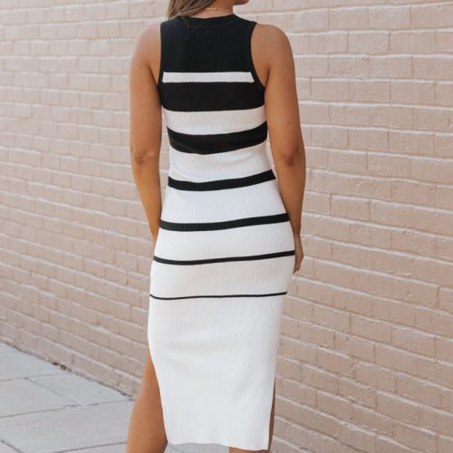 black stripe ribbed midi dress 159540