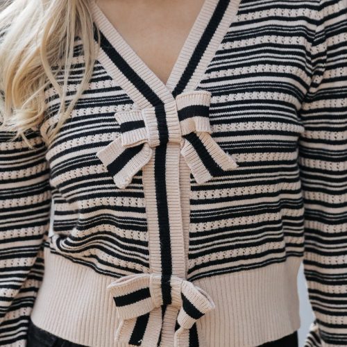 black striped ribbon button up cardigan 594306