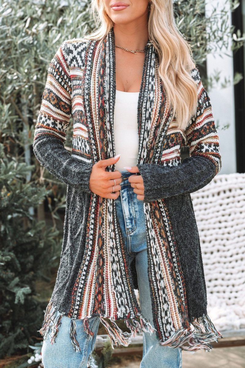 black tribal print fringe duster cardigan 273005