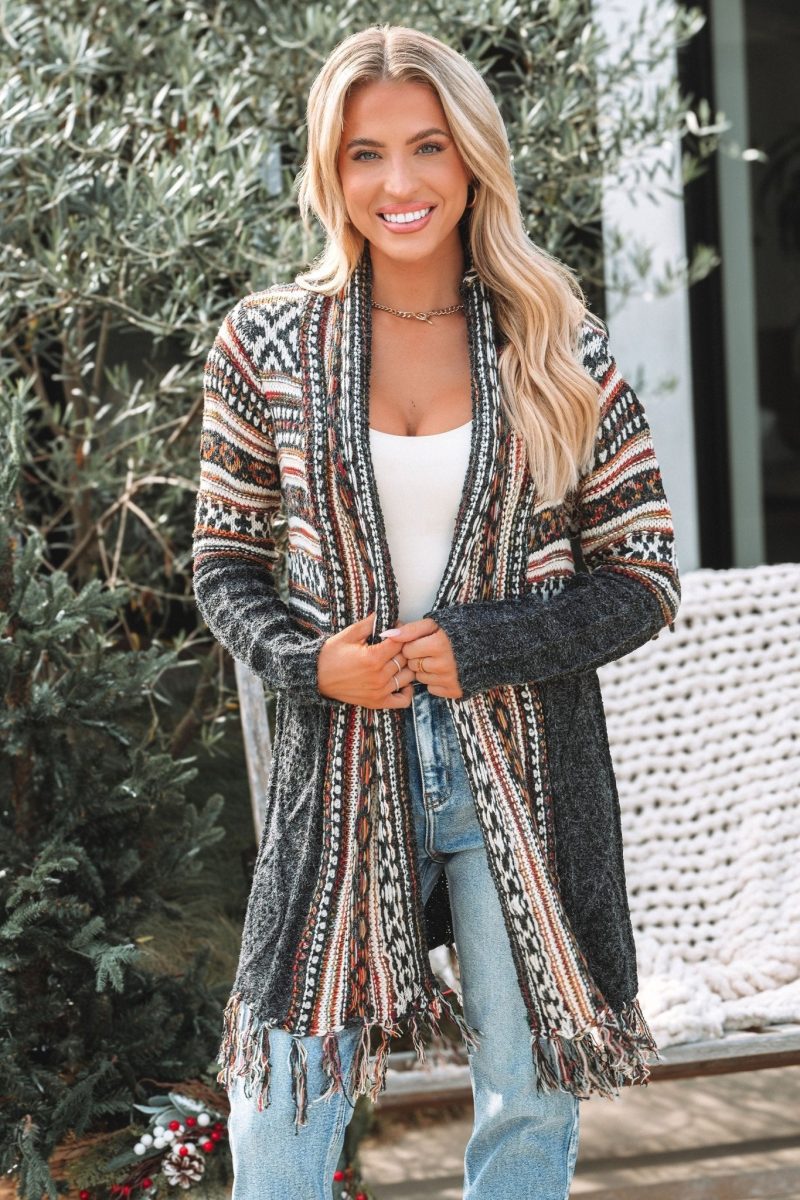 black tribal print fringe duster cardigan 273733