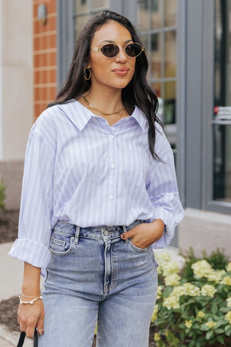 blue and white striped button down shirt 155314