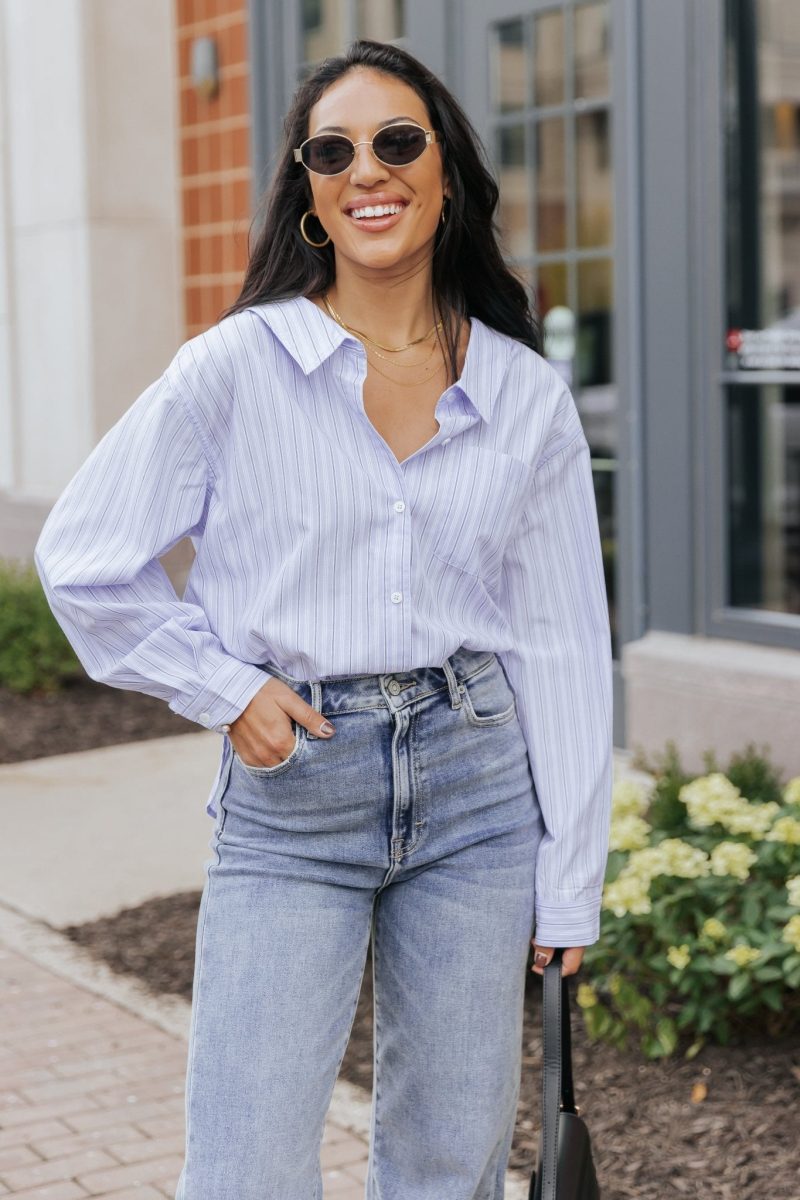 blue and white striped button down shirt 381013