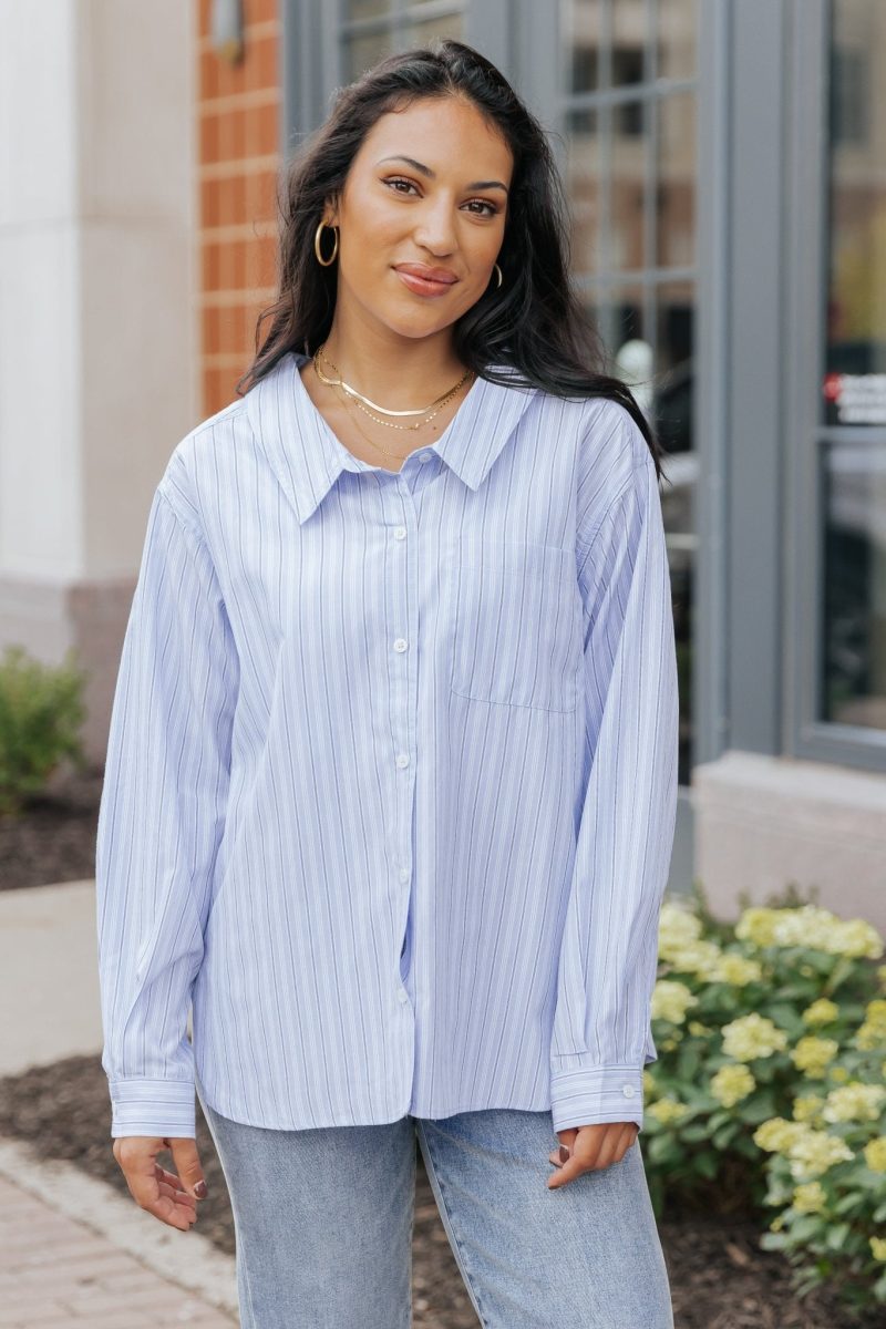 blue and white striped button down shirt 499432